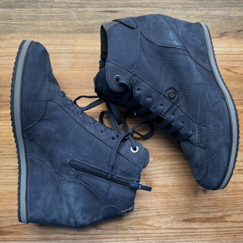 Geox Respira Italian Leather Lace Up Blue Wedge Sneaker New 38 7.5